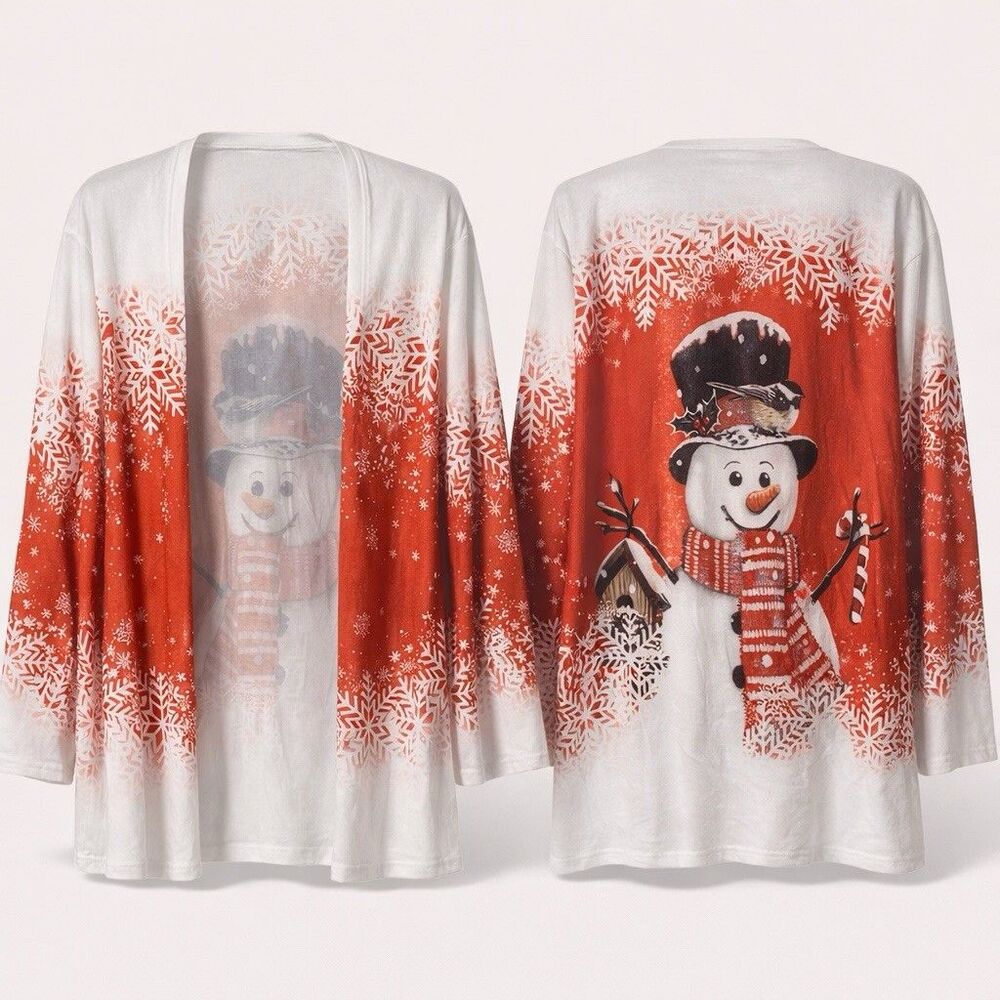 Women's Long Sleeve Open Snowman Kimono Cardigan White Red Layer Oversized 2xl